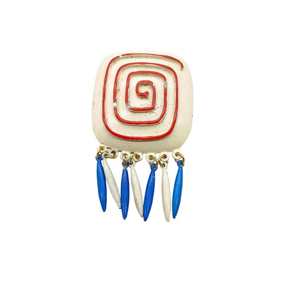 Vintage Spiral Enamel Brooch with Dangling Blue & White Charms - Picture 1 of 3